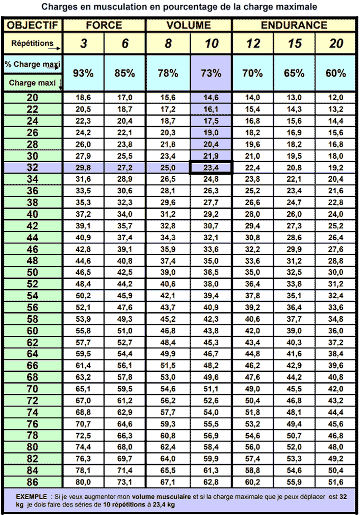 tableau charges musculation